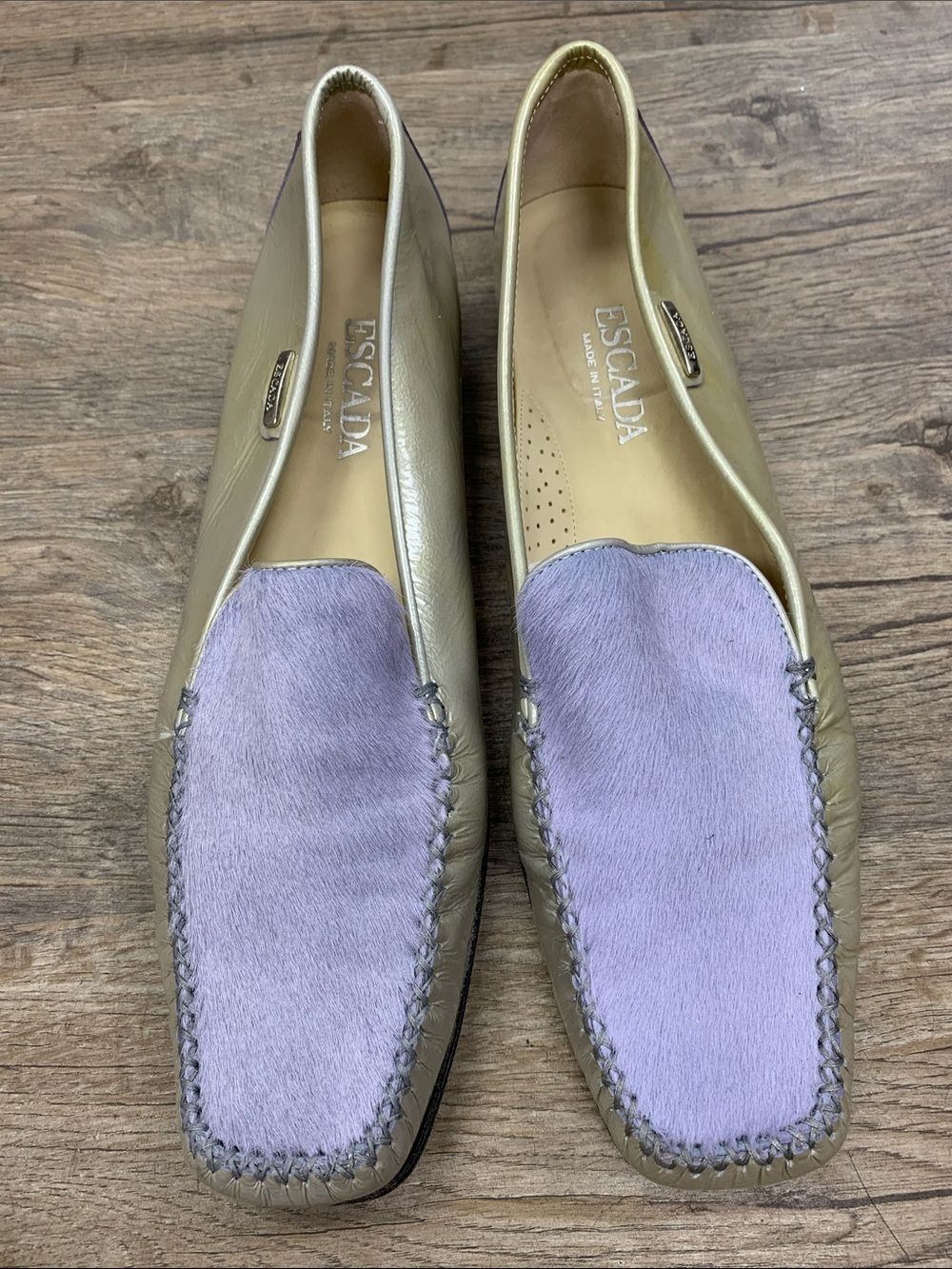 Escada Metallic Gold Loafers with Lavender Cowhide Panel Size 9.5